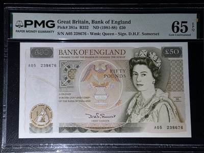 叁拾收藏第36期 英国D序50镑  A版  女王水印  A05冠  PMG65分