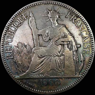 【雨安】【直播拍卖】【裸币套币-001期】 2026-04-24 周五 19:30 (金价1034, 银价18.00) [贸易银] 法国 法属印支 坐洋 1皮阿斯特 1908年