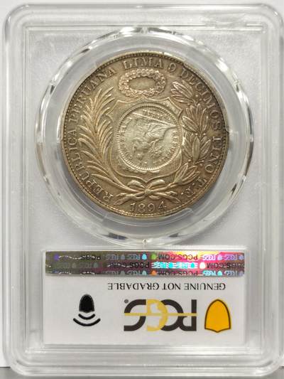 博洋堂“生趣盎然”4月精品专场暨第169期（全场包邮） PCGS AU 危地马拉1894年1比索加盖银币，加盖在秘鲁1894年1索尔银币上，少见同年份，美洲热门加盖品种