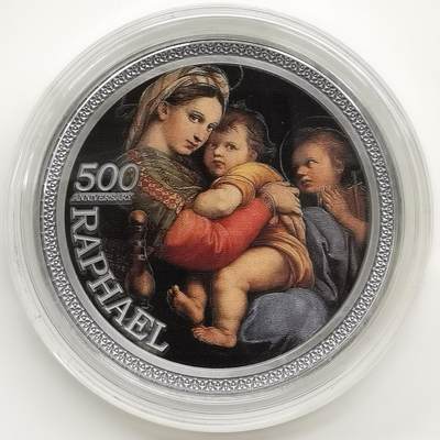 博洋堂“生趣盎然”4月精品专场暨第169期（全场包邮） 加纳2020年10塞地彩色仿古银币 艺术名画系列-拉斐尔逝世500周年（座椅圣母） 50克999银 发行量：500 盒证全