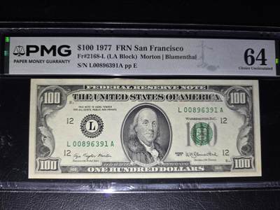 叁拾收藏第36期 美国1977年 小头100元  PMG64分