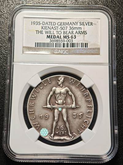 【德藏】世界币章拍卖第171期（拍品征集中~欢迎藏友联系） 1935年 德国民族社会主义工人党实行征兵制度纪念银章 名家卡尔歌茨作品 磨砂质感 包浆均匀 NGC MS63（原图请查询NGC评级公司官网）
