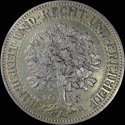 【雨安】【直播拍卖】【裸币套币-001期】 2026-04-24 周五 19:30 (金价1034, 银价18.00) [裸币德国] Germany 德国 魏玛 5马克 KM#56 橡树 1928年