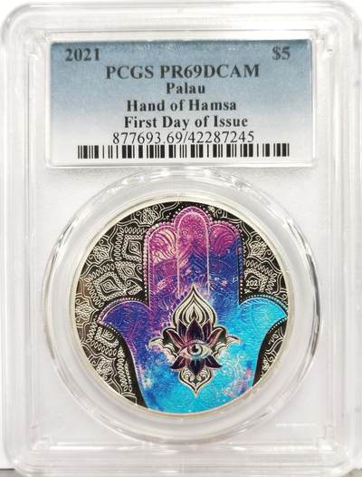 博洋堂“生趣盎然”4月精品专场暨第169期（全场包邮） PCGS PR69DCAM 帕劳2021年5元彩色精制银币 法蒂玛之手 1盎司999银 发行量：2千5百 盒证全