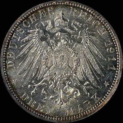 【雨安】【直播拍卖】【裸币套币-001期】 2026-04-24 周五 19:30 (金价1034, 银价18.00) [裸币德国] Germany 德国 帝国 巴伐利亚 3马克 (1911) 柳特波德 1911年