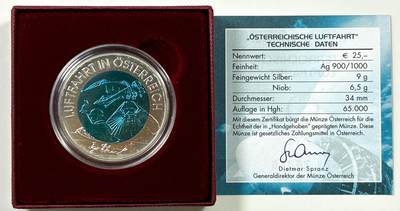 【雨安】【直播拍卖】【裸币套币-001期】 2026-04-24 周五 19:30 (金价1034, 银价18.00) [现代装帧] Austria 欧元 奥地利 25欧元 2007年 欧洲航空先驱 铌芯银币