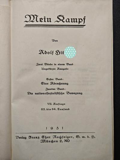 【德藏】世界币章拍卖第171期（拍品征集中~欢迎藏友联系） 75新 德国民族社会主义工人党党首自传 *的奋斗 硬壳精装 全书约892页