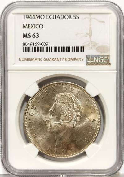 博洋堂“生趣盎然”4月精品专场暨第169期（全场包邮） NGC MS63 厄瓜多尔1944年5苏克雷大银币，淡彩BU转光，状态不输64。