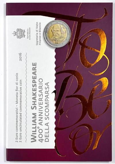 【雨安】【直播拍卖】【裸币套币-001期】 2026-04-24 周五 19:30 (金价1034, 银价18.00) [现代装帧] San Marino 欧元 圣马力诺 2欧元 2016年 莎士比亚