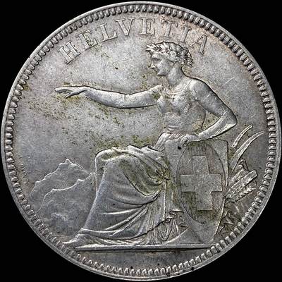 【雨安】【直播拍卖】【裸币套币-001期】 2026-04-24 周五 19:30 (金价1034, 银价18.00) [裸币各国] Switzerland 瑞士 邦联 5法郎 KM#0011 (1850-1874) 赫尔维蒂娅坐像 1874年