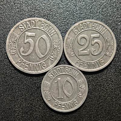 【德藏】世界币章拍卖第171期（拍品征集中~欢迎藏友联系） 3枚一组 1920年 德国德紧时期波恩贝多芬10、25、50芬尼铁币
