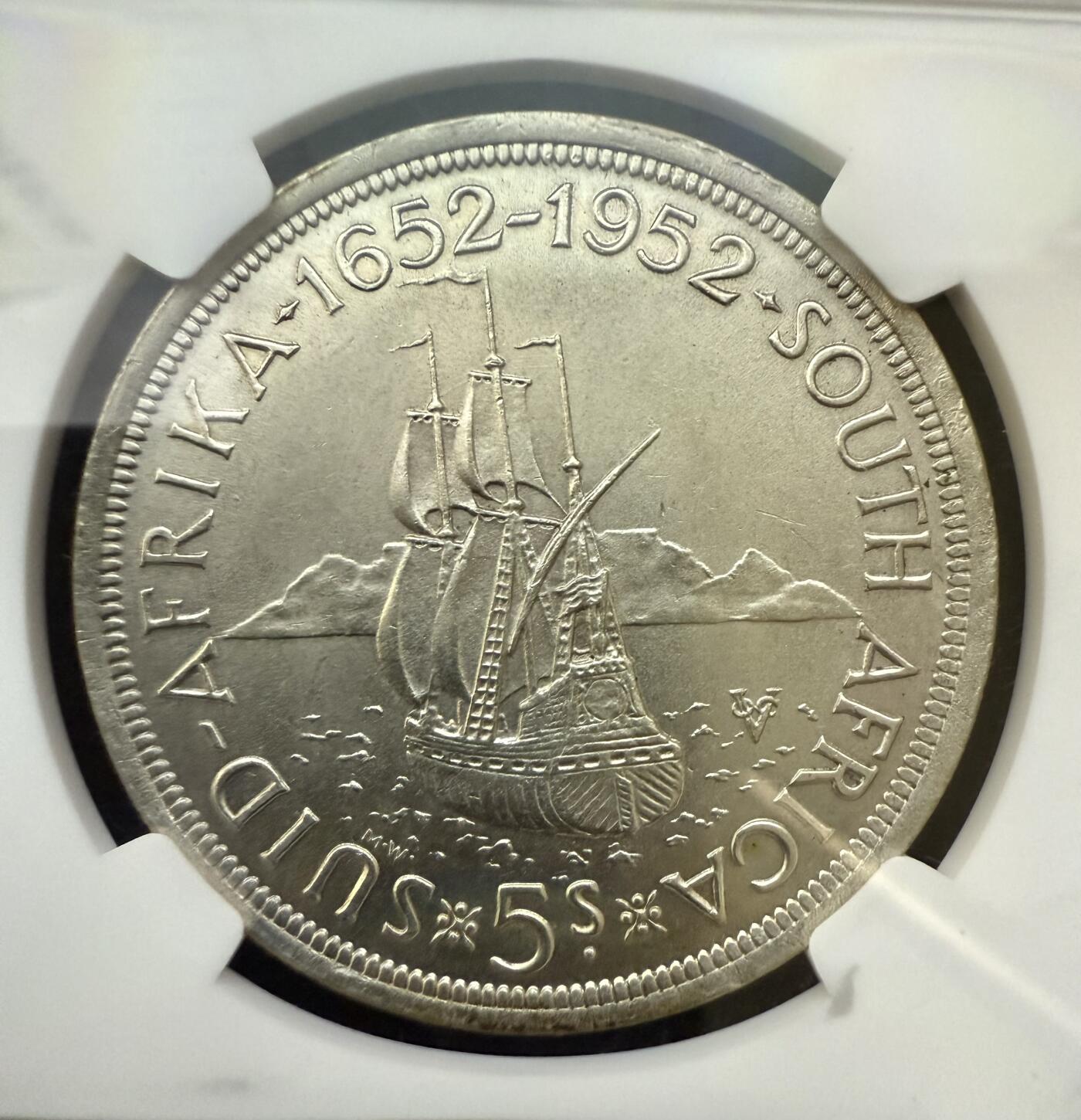 【周六 19:30】乾藏阁外国银币专场・裸币 / 评级币 + 银章铜章 保真包老 【NGC MS63】南非 1952 年开普敦建城 300 周年 5 先令银币 乔治六世帆船银币