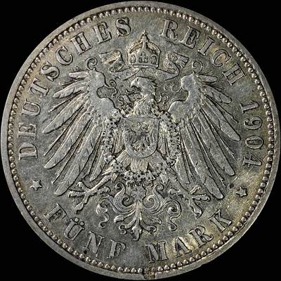 【雨安】【直播拍卖】【裸币套币-001期】 2026-04-24 周五 19:30 (金价1034, 银价18.00) [裸币德国] Germany 德国 帝国 J.136 萨克森 5马克 奥古斯特 1904年