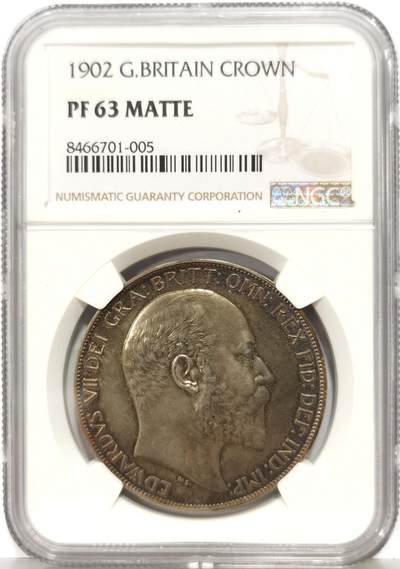 博洋堂“生趣盎然”4月精品专场暨第169期（全场包邮） NGC PF63 Matte 英国1902年爱德华七世马剑克朗大银币 百年五彩深色美丽 包浆均匀自然 雕刻打制力度完美 精制Matte感 低评状态感人 建议重评加分 珍藏佳品