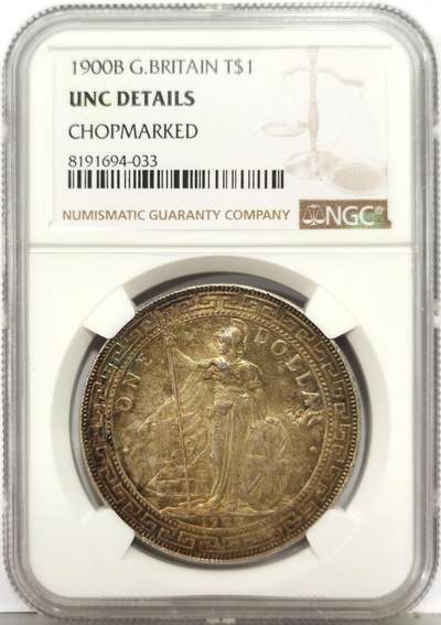 博洋堂“生趣盎然”4月精品专场暨第169期（全场包邮） NGC UNCD 英国贸易银1900年B版站洋，五彩包浆仅有几个小戳记