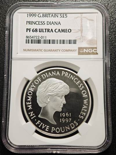 【德藏】世界币章拍卖第171期（拍品征集中~欢迎藏友联系） 1999年 英国戴安娜王妃逝世5英镑精制纪念银币 NGC PF68UC 镜面十足