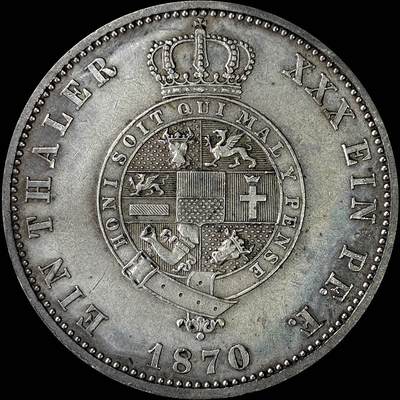 【雨安】【直播拍卖】【裸币套币-001期】 2026-04-24 周五 19:30 (金价1034, 银价18.00) [裸币德国] Germany 德国 德意志 1泰勒 Mecklenburg-Strelitz梅克伦堡 Thun.217 KM#0100 (1870) 1870年