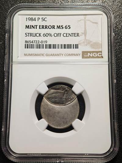【德藏】世界币章拍卖第171期（拍品征集中~欢迎藏友联系） 1984年 美国5分镍币 造币厂错误偏打60% MINT ERROR MS65 稀少品种 不仅有错 还高分！