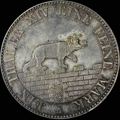 【雨安】【直播拍卖】【裸币套币-001期】 2026-04-24 周五 19:30 (金价1034, 银价18.00) [裸币德国] Germany 德国 德意志 1泰勒 Anhalt-Bernburg安哈特 Thun.003 KM#0084 (1846-1855) 小熊爬墙.大版 1846年 首年版