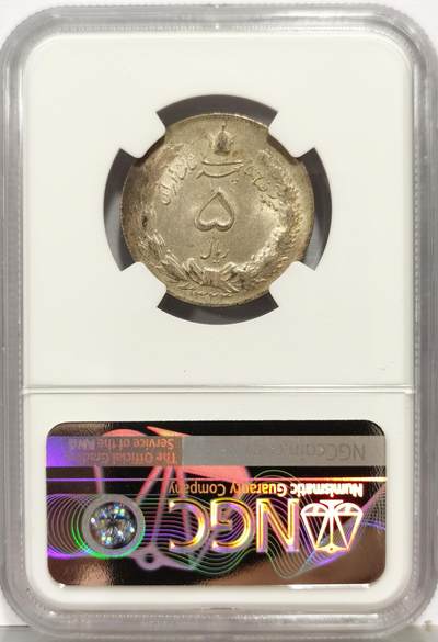 博洋堂“生趣盎然”4月精品专场暨第169期（全场包邮） NGC MS63 伊朗1944年狮子拿刀5里亚尔银币，原光好品，流通充分，好品少见，热门地区品种。