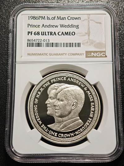 【德藏】世界币章拍卖第171期（拍品征集中~欢迎藏友联系） 冠军分！1986年 马恩岛安德鲁王子大婚精制克朗纪念镍币 NGC PF68UC 状态极佳