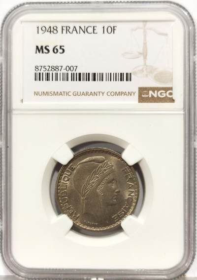 博洋堂“生趣盎然”4月精品专场暨第169期（全场包邮） NGC MS65 法国1948年10法郎，原光好品，流通充分品种，高分好品难寻，凑套必备。