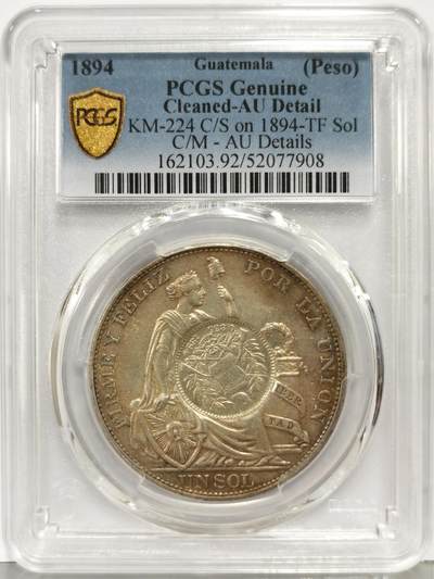 博洋堂“生趣盎然”4月精品专场暨第169期（全场包邮） PCGS AU 危地马拉1894年1比索加盖银币，加盖在秘鲁1894年1索尔银币上，少见同年份，美洲热门加盖品种