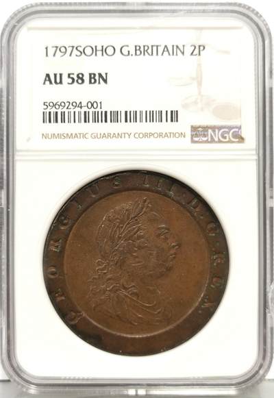 博洋堂“生趣盎然”4月精品专场暨第169期（全场包邮） NGC AU58 1797年英国SOHO厂车轮2便士大铜币 名誉品种，同分数国内普遍已经2500+了，边槽有一小磕