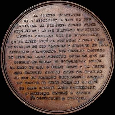 【雨安】【直播拍卖】【裸币套币-001期】 2026-04-24 周五 19:30 (金价1034, 银价18.00) [徽章奖章] France [章] 法国 19世纪 史学家菲利普·德·科米纳 铜章 46mm