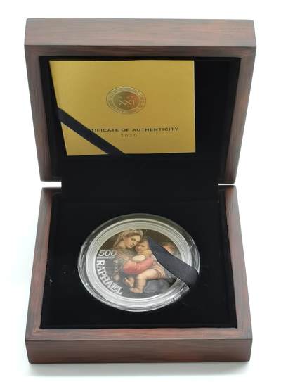 博洋堂“生趣盎然”4月精品专场暨第169期（全场包邮） 加纳2020年10塞地彩色仿古银币 艺术名画系列-拉斐尔逝世500周年（座椅圣母） 50克999银 发行量：500 盒证全