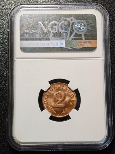 【德藏】世界币章拍卖第171期（拍品征集中~欢迎藏友联系） 1938年 德国民族社会主义工人党2芬尼铜币 NGC MS63RB （原图请查询NGC评级官网）