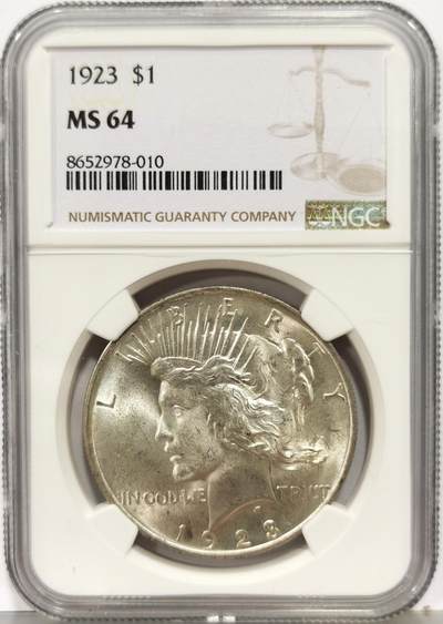 博洋堂“生趣盎然”4月精品专场暨第169期（全场包邮） NGC MS64 美国1923年和平银币 极美原光卷拆好品，背面卷尾灰彩，银光闪闪，好状态。