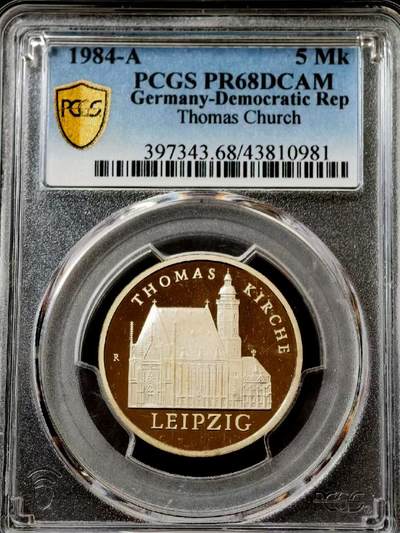 长老汇马年精选第十九场拍卖 民主德国1984年维滕贝格城堡教堂5马克精制纪念币 PCGS PF68DCAM