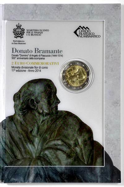 【雨安】【直播拍卖】【裸币套币-001期】 2026-04-24 周五 19:30 (金价1034, 银价18.00) [现代装帧] San Marino 欧元 圣马力诺 2欧元 2014年 设计师多纳托·伯拉孟特逝世500周年