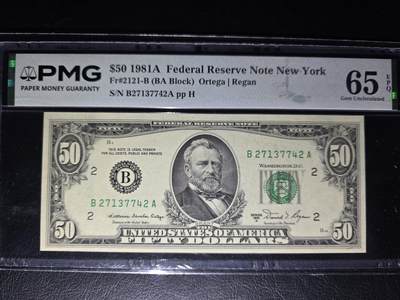 叁拾收藏第36期 美国1981年 小头50元  PMG65分