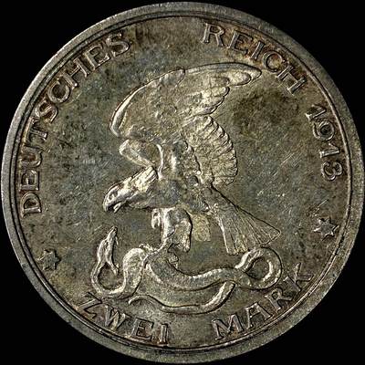 【雨安】【直播拍卖】【裸币套币-001期】 2026-04-24 周五 19:30 (金价1034, 银价18.00) [裸币德国] Germany 德国 帝国 普鲁士 2马克 (1913) 普法战争 1913年