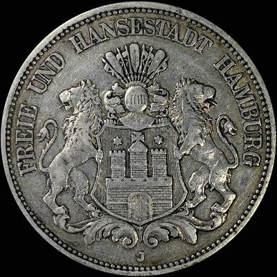 【雨安】【直播拍卖】【裸币套币-001期】 2026-04-24 周五 19:30 (金价1034, 银价18.00) [裸币德国] Germany 德国 帝国 汉堡 5马克 长翅 1895年