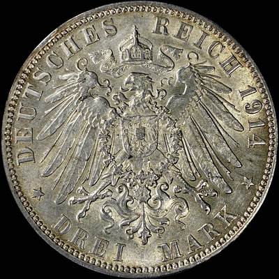 【雨安】【直播拍卖】【裸币套币-001期】 2026-04-24 周五 19:30 (金价1034, 银价18.00) [裸币德国] Germany 德国 帝国 J.064 汉堡 3马克 (1908-1914) 双狮 1914年