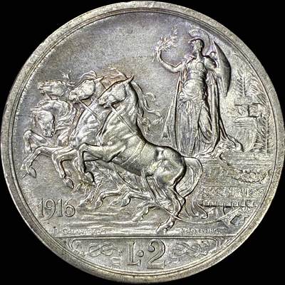 【雨安】【直播拍卖】【裸币套币-001期】 2026-04-24 周五 19:30 (金价1034, 银价18.00) [裸币各国] Italy 意大利 2里拉 KM#0055 (1914-1917) 胜利女神四马拉车 1916年