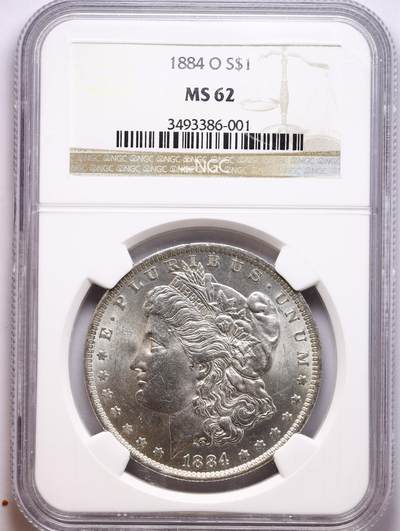 观钱 近现代机制币拍卖No.010（全场顺丰包邮，不区分偏远地区，本场5月5日开始发货）  - 1884-O 美国摩根银元 NGC MS62 新奥尔良造币厂，19 世纪西部白银传奇，明亮的银白光泽，无流通磨损痕迹，摩根女神的发丝、花冠细节清晰，底板状态良好