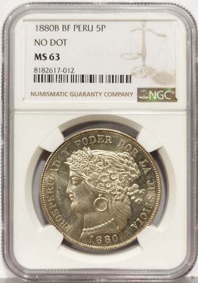 博洋堂“生趣盎然”4月精品专场暨第169期（全场包邮） NGC MS63 秘鲁1880年军政府时期5比塞塔银币，无点版，银光耀眼。该版本只铸造了3个年份，比同期的索尔少很多