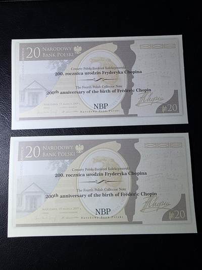 叁拾收藏第36期 波兰20纪念钞  肖邦  2张  UNC