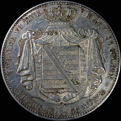 【雨安】【直播拍卖】【裸币套币-001期】 2026-04-24 周五 19:30 (金价1034, 银价18.00) [裸币德国] Germany 德国 德意志 2泰勒 Saxony萨克森 Thun.337 KM#1190 (1855-1856) 约翰.大纹章 1855年