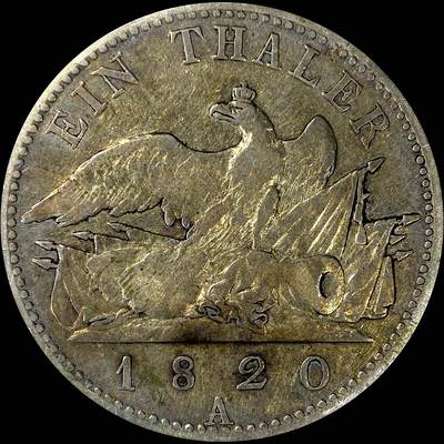 【雨安】【直播拍卖】【裸币套币-001期】 2026-04-24 周五 19:30 (金价1034, 银价18.00) [裸币德国] Germany 德国 德意志 1泰勒 Prussia普鲁士 Thun.246 KM#0396 (1816-1822) 腓特烈·威廉三世 大炮 1820年