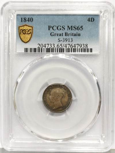 博洋堂“生趣盎然”4月精品专场暨第169期（全场包邮） PCGS MS65 1840年英国4便士银币，相当少见的面值，此年份国内公开市场所见最高分。非濯足币，小维头像加不列颠尼亚女神的设计。维多利亚早期机制币的代表作之一。24年HA同分300美元成交。