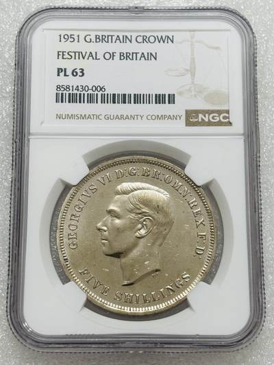 文馨钱币收藏第 303 场，【五一钱币荟，收藏盛宴】长期接代拍业务 NGC PL63 英国 1951 年乔治六世圣乔治屠龙 5 先令 类精制纪念币，英国最后的马剑
