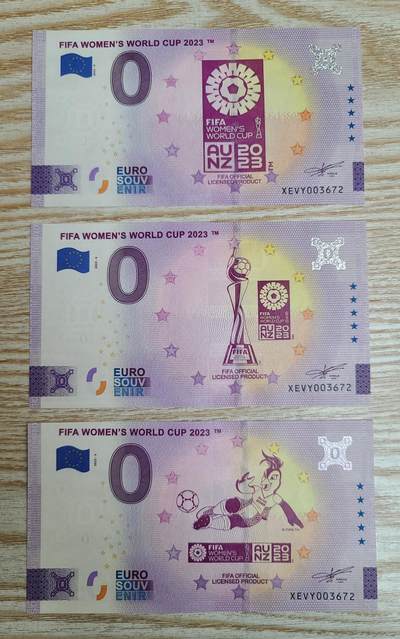 【币将精彩】纸币杂项拍卖（2026-4-27） 2023年澳新女足世界杯0欧元纪念钞3枚unc