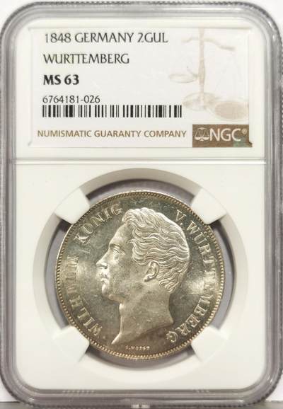 博洋堂“生趣盎然”4月精品专场暨第169期（全场包邮） NGC MS63 德国符腾堡1848年狮鹿2盾银币 转光还不错 底板接触痕很少 类似pl底板 个人认为略有低评 官网的图比较明显 前些日子jbz62分拍出了6k 64则拍出了9k的价格 德系价格可谓水涨船高 值得入藏的一枚