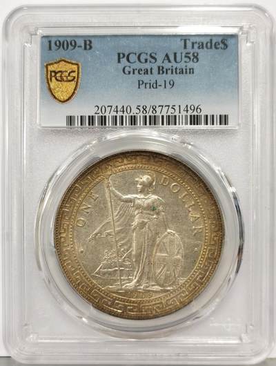 博洋堂“生趣盎然”4月精品专场暨第169期（全场包邮） PCGS AU58 英国贸易银1909年B版站洋壹圆，孟买造币厂，全字口深打状态，环金彩包浆尤其迷人