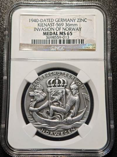【德藏】世界币章拍卖第171期（拍品征集中~欢迎藏友联系） 1940年 德国第三帝国进攻挪威纪念锌章 名家卡尔歌茨作品 稀少品种 NGC MS65（原图请查询NGC评级公司官网）